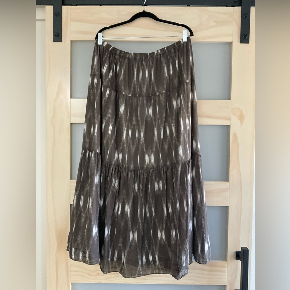 Talbots 1X Tiered Maxi Skirt Gray Taupe Ikat Print 100% Cotton Lined Boho